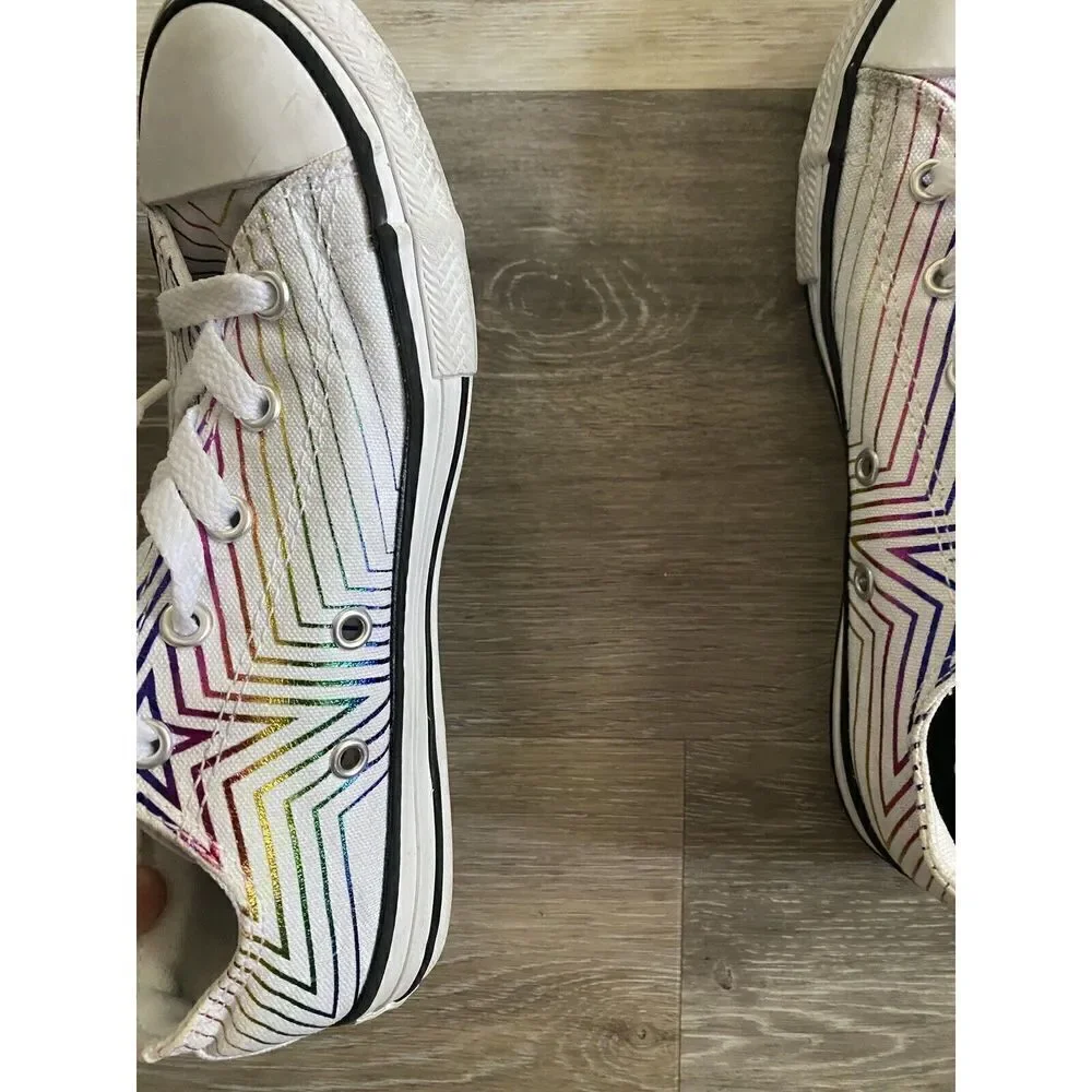 Converse Shoes Youth 3 Rainbow Star Sneakers White Canvas Low Top Casual 665398F